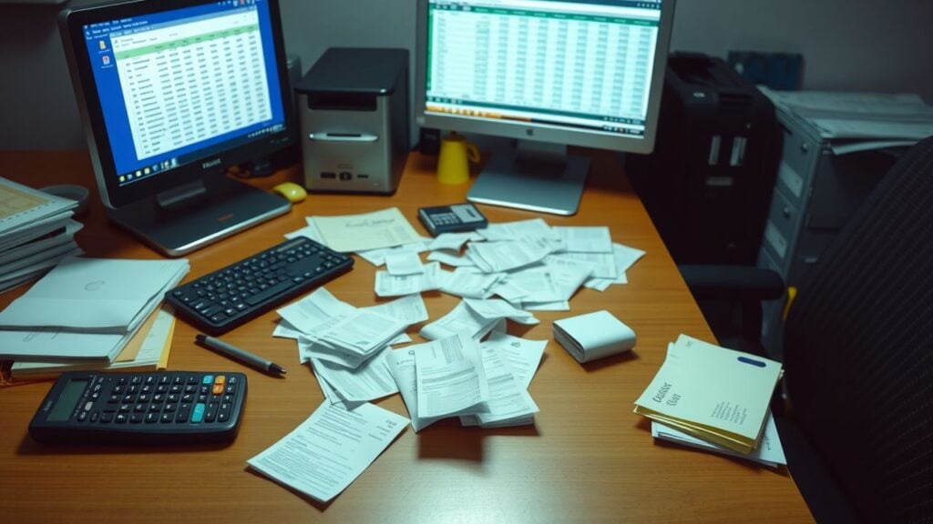 Een opgeruimd bureau met financiële documenten en een computer.