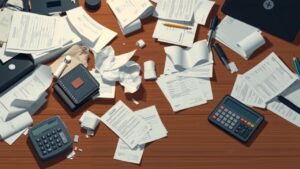 Een rommelig bureau met financiële stress en wanorde.