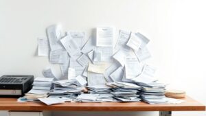 Een rommelig bureau met verspreide papieren en facturen.