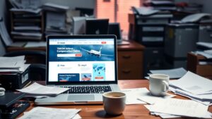 Een rommelig kantoor met een open laptop voor TAROM compensatieclaims.