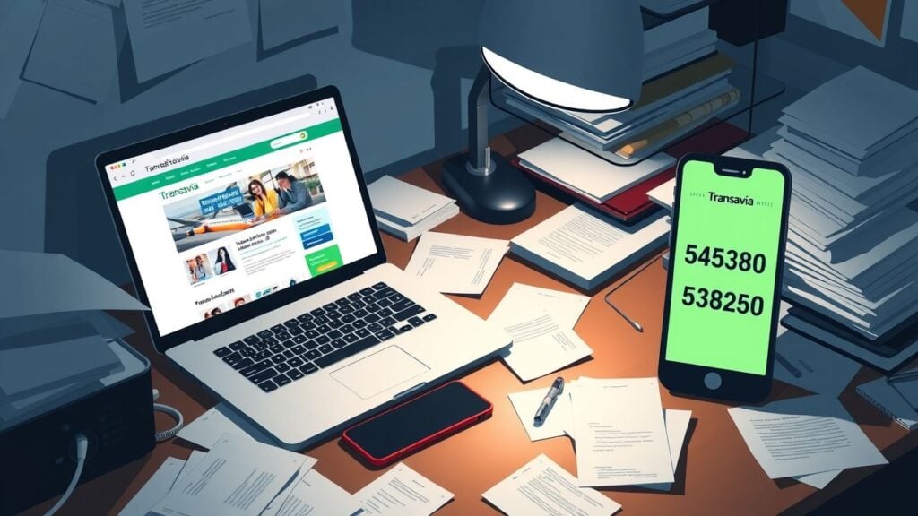 Een rommelig kantoorbureau met Transavia gerelateerde items.