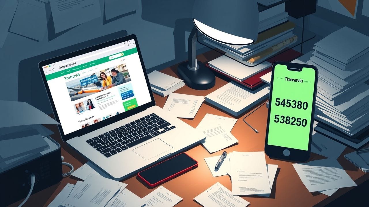 Een rommelig kantoorbureau met Transavia gerelateerde items.