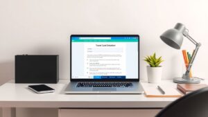 Een georganiseerd bureau met open laptop toont reisinformatie voor benzinekaartdeclaratie.