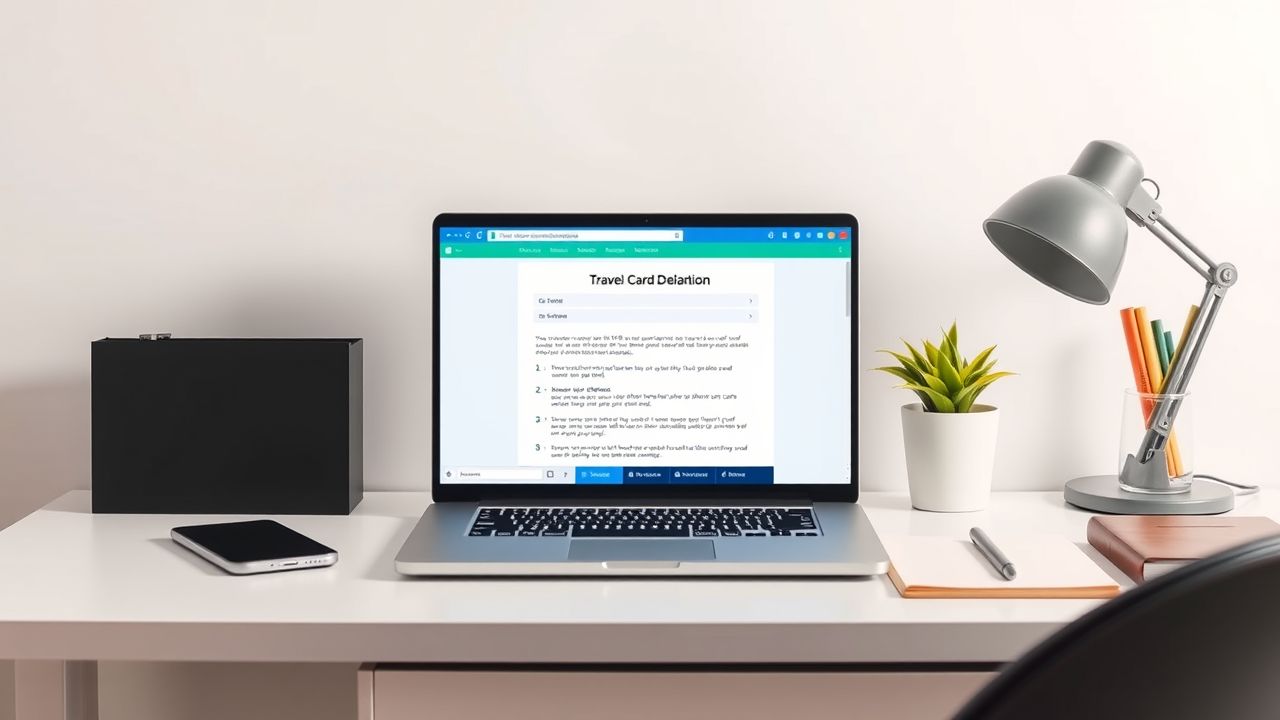 Een georganiseerd bureau met open laptop toont reisinformatie voor benzinekaartdeclaratie.