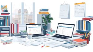 Een rommelig thuiskantoor met papieren, laptop en boeken.