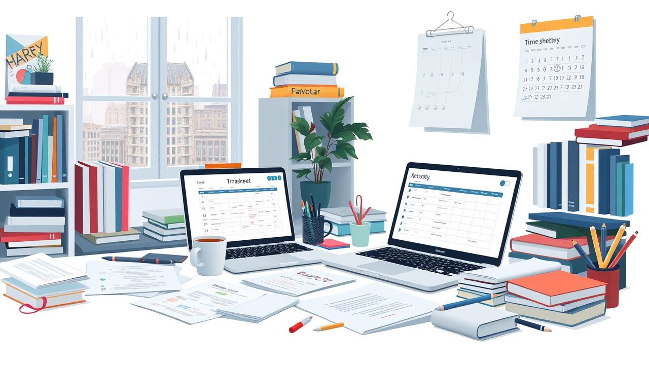 Een rommelig thuiskantoor met papieren, laptop en boeken.