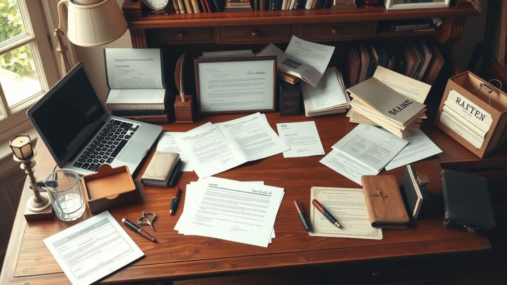 Een rommelig antiek bureau met schrijfbenodigdheden en een laptop.