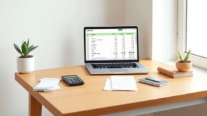 Een knus thuiskantoor met een geopende laptop, uitgavenoverzicht en rekenmachine.