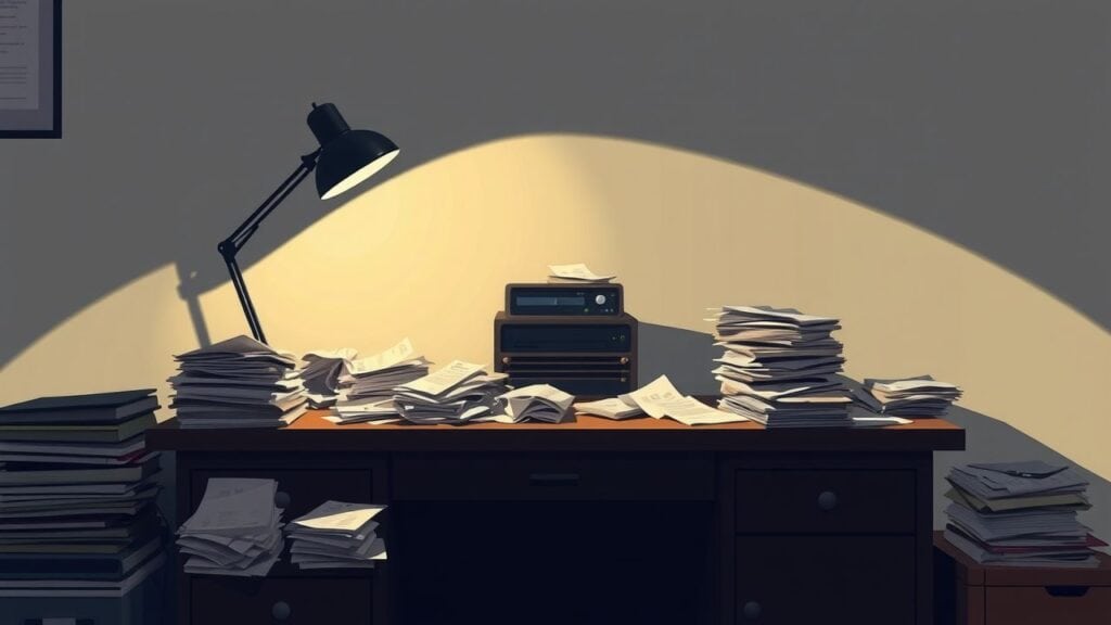 Een rommelig bureau in een donker kantoor met stapels papier.