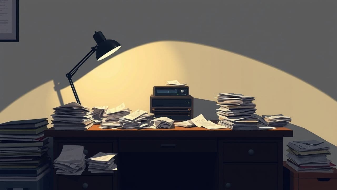 Een rommelig bureau in een donker kantoor met stapels papier.