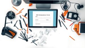 Een rommelig thuiskantoor met een bureau vol papieren en pennen.