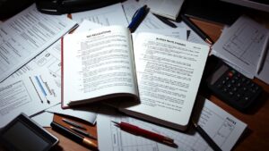 Een open notitieboek met aantekeningen over belastingvoorschriften voor zakelijke reiskosten.