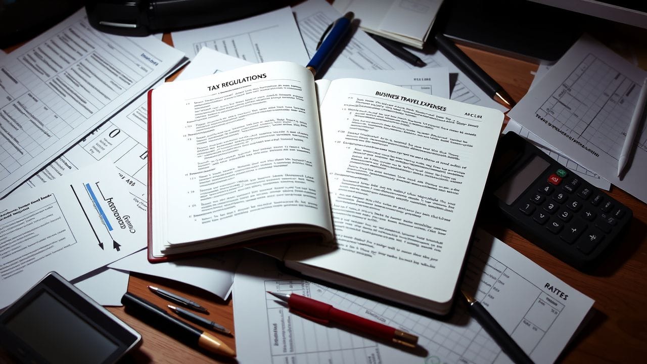 Een open notitieboek met aantekeningen over belastingvoorschriften voor zakelijke reiskosten.