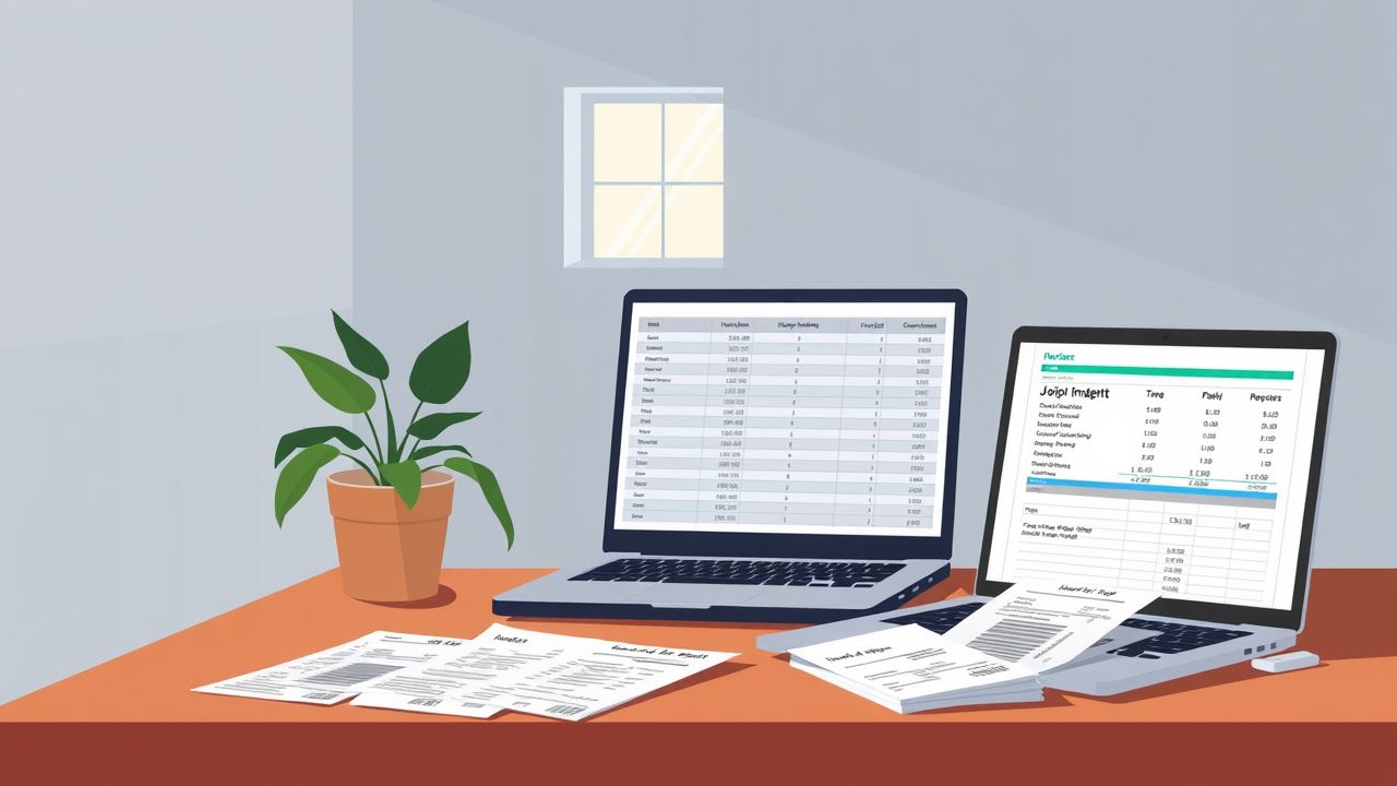 Een opgeruimd bureau met laptop en budgetplanning spreadsheet.