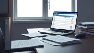 Een netjes bureau met juridische documenten en een open laptop.