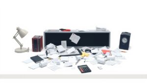 Een rommelig bureau vol met papieren en rekenmachine.