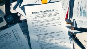 Een gedetailleerd energiecontract van Eneco op een rommelig bureau.