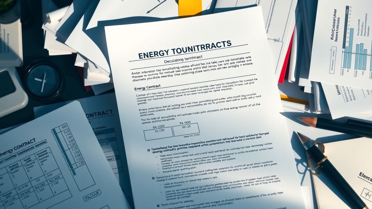 Een gedetailleerd energiecontract van Eneco op een rommelig bureau.