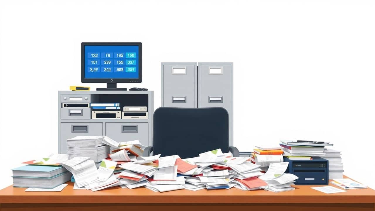 Een rommelig kantoorbureau geeft een gevoel van chaos en stress weer.