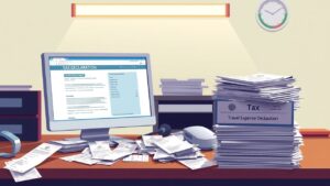 Een rommelig bureau met belastingpapieren en reiskostenverklaringen, wat stress en overweldiging uitstraalt.