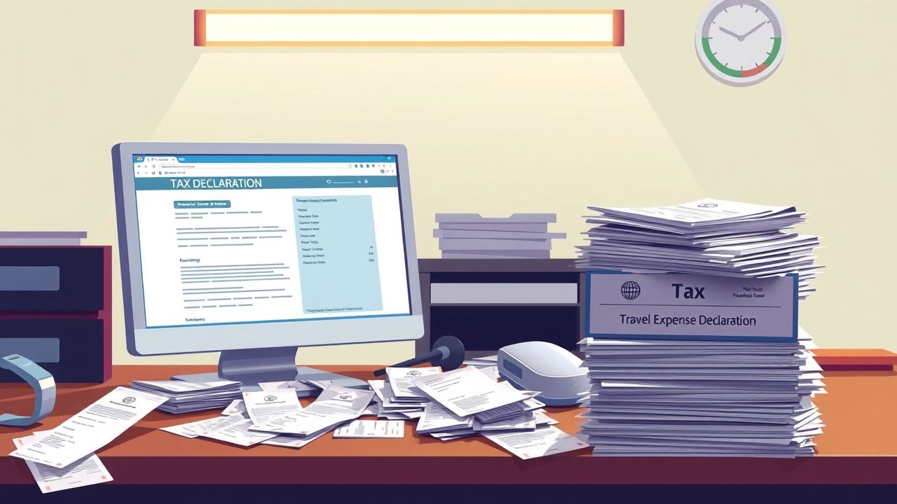 Een rommelig bureau met belastingpapieren en reiskostenverklaringen, wat stress en overweldiging uitstraalt.