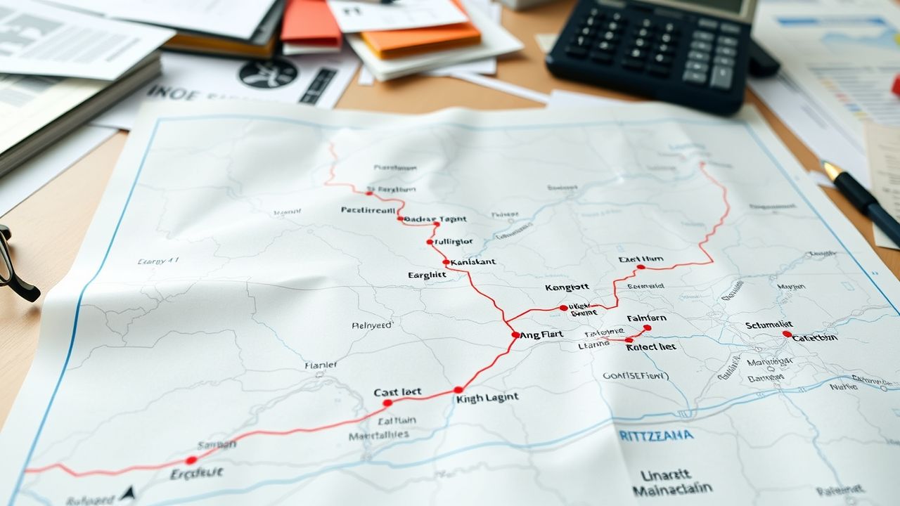 Een rommelig bureau met een gedetailleerde kaart voor reiskostenvergoeding.