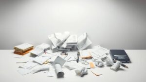 Een rommelig bureau met verspreide bonnen en facturen.