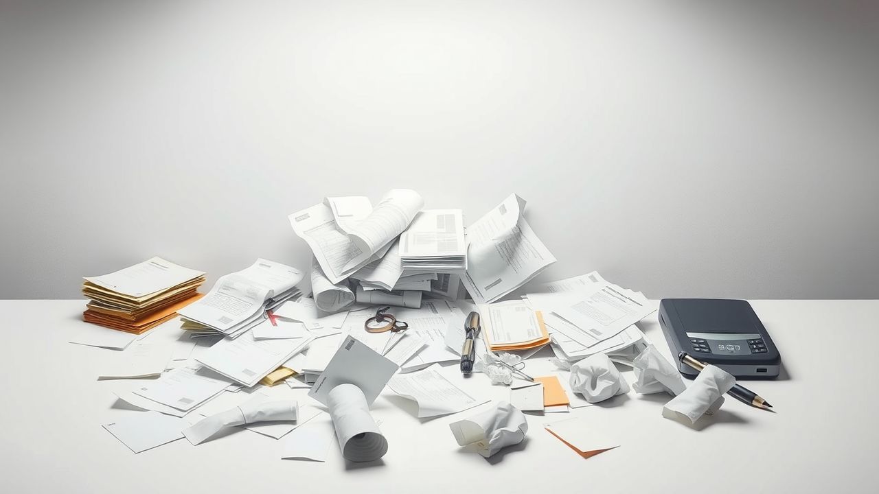 Een rommelig bureau met verspreide bonnen en facturen.