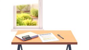 Een opgeruimd bureau met laptop, formulieren en rekenmachine.