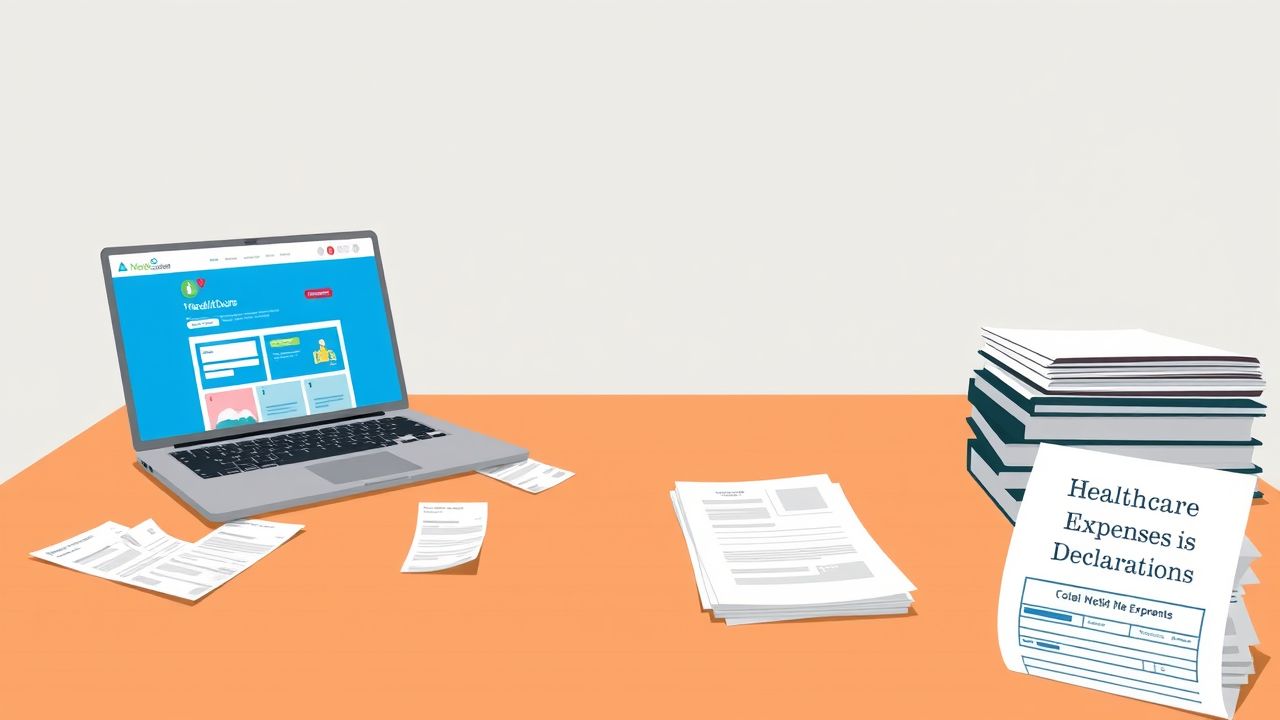 Een bureau met medische ontvangstbewijzen en een laptop met een gezondheidssite.