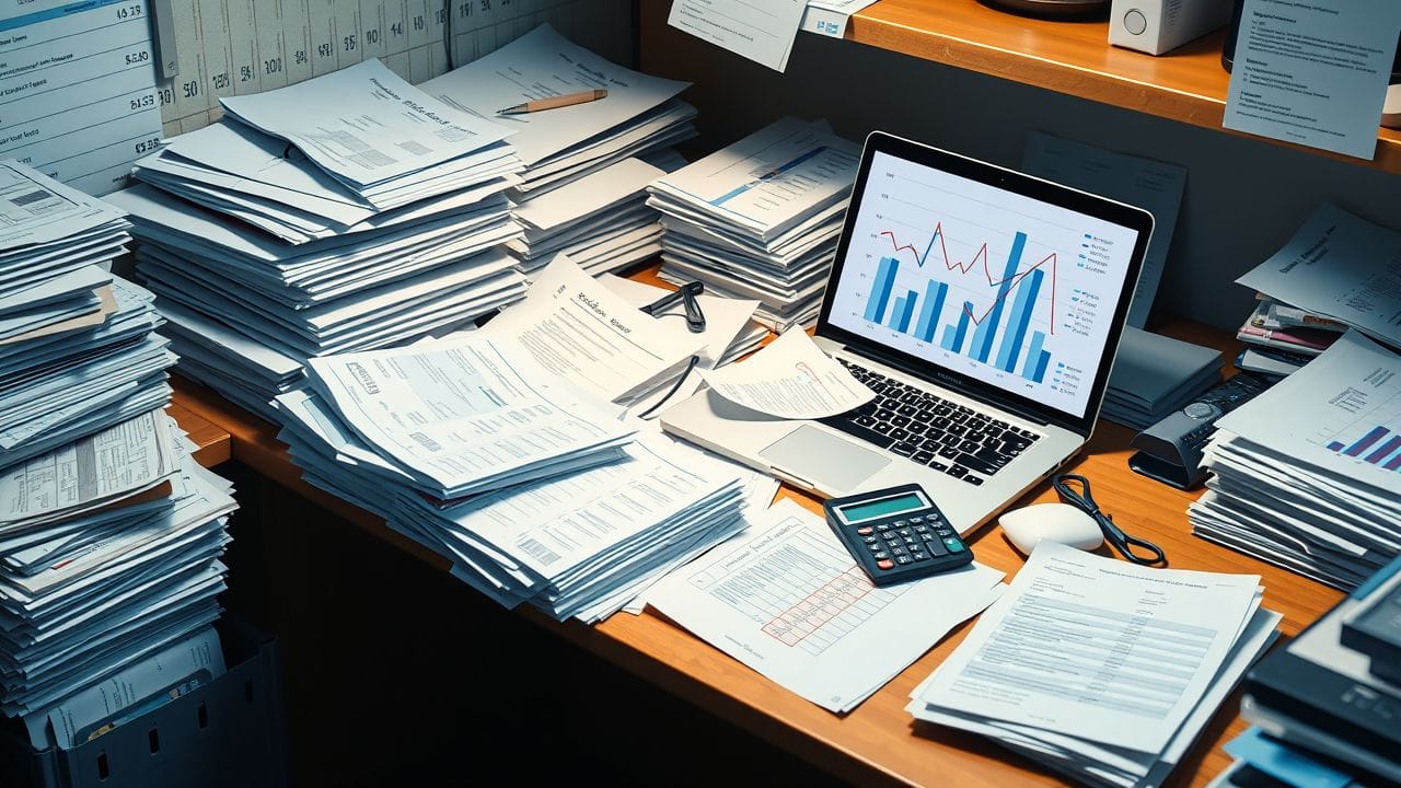 Een rommelig kantoorbureau in een zorginstelling met stapels papierwerk.