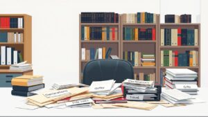 Een rommelig bureau met verspreide documenten en boeken over integriteit.
