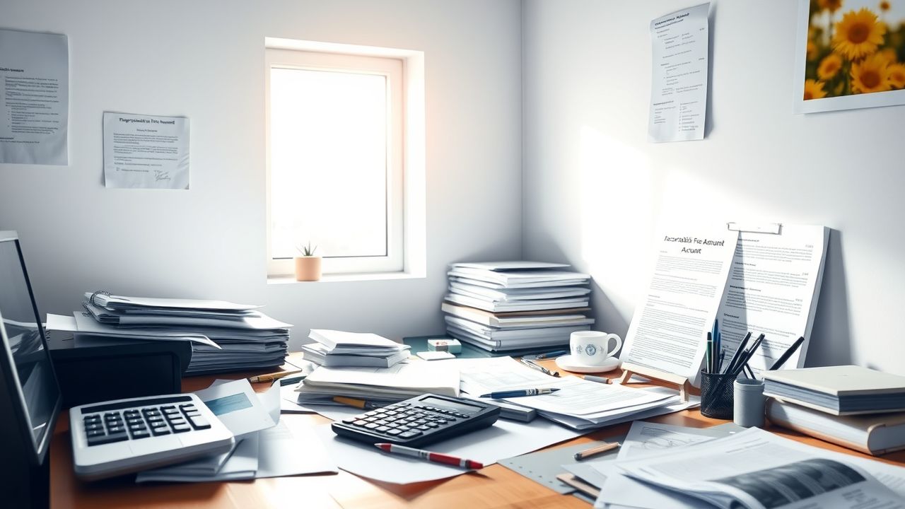 Een rommelig bureau met documenten over de PGB-Wlz verantwoordingsvrije bedrag en de declaratievrije besteedbaar bedrag.