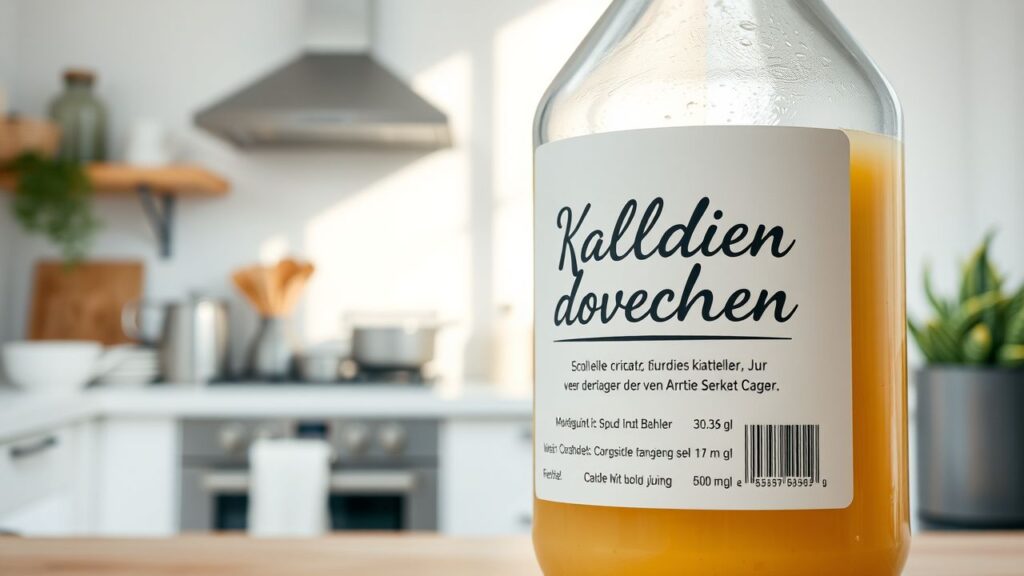 Een close-up van een voedseletiket in het Nederlands, met een schone keukenachtergrond.