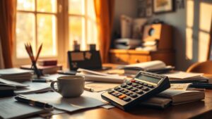 Een calculator ligt op een rommelig bureau in een gezellig thuiskantoor.