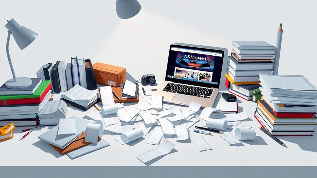 Een rommelig bureau met strooiende spullen en een laptop.