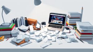 Een rommelig bureau met strooiende spullen en een laptop.