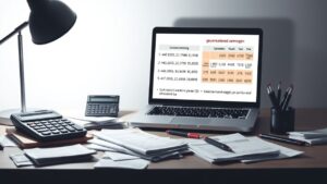 Een rommelig kantoorbureau met facturen, rekenmachine en laptop.