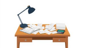 Een rommelig bureau met verspreide rekeningen en bonnetjes.