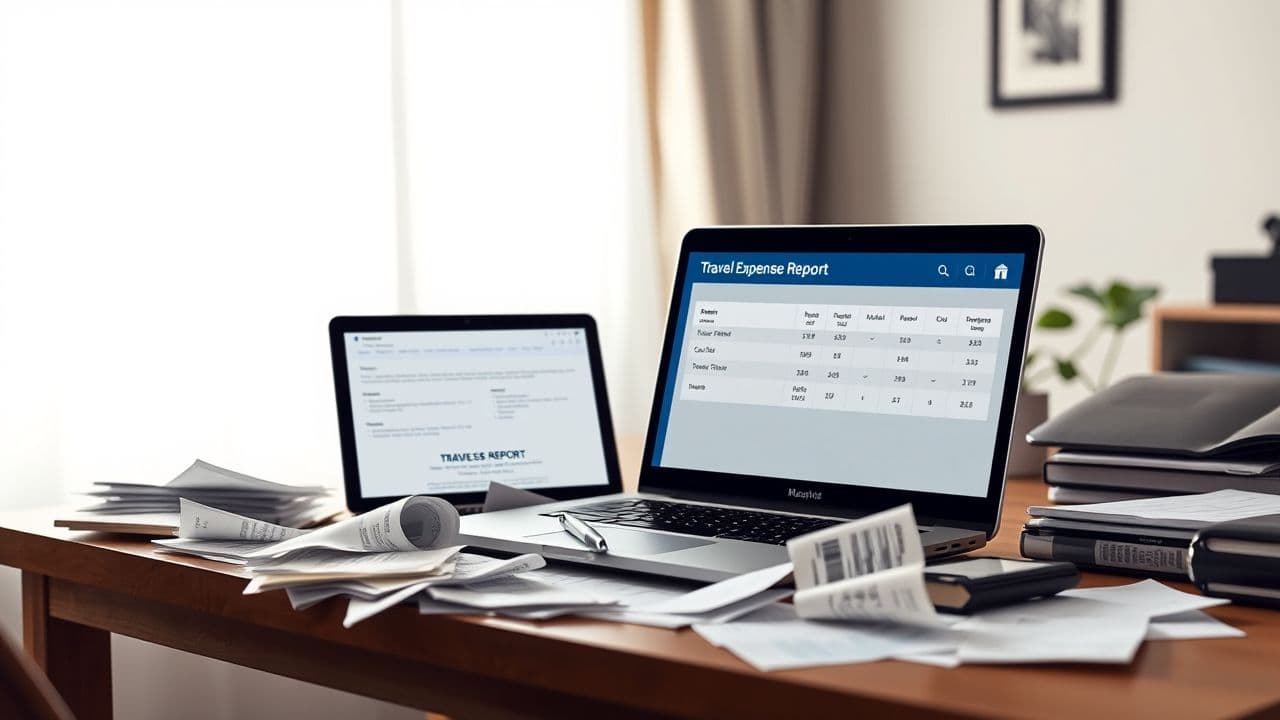 Een rommelig bureau met open laptop en reisuitgavenrapport.