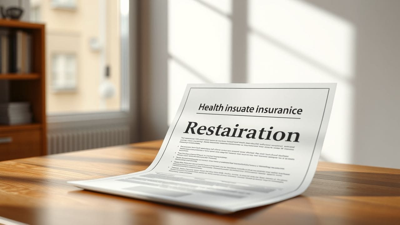 Een close-up van een officieel gezondheidsverzekeringsdocument op een houten bureau.