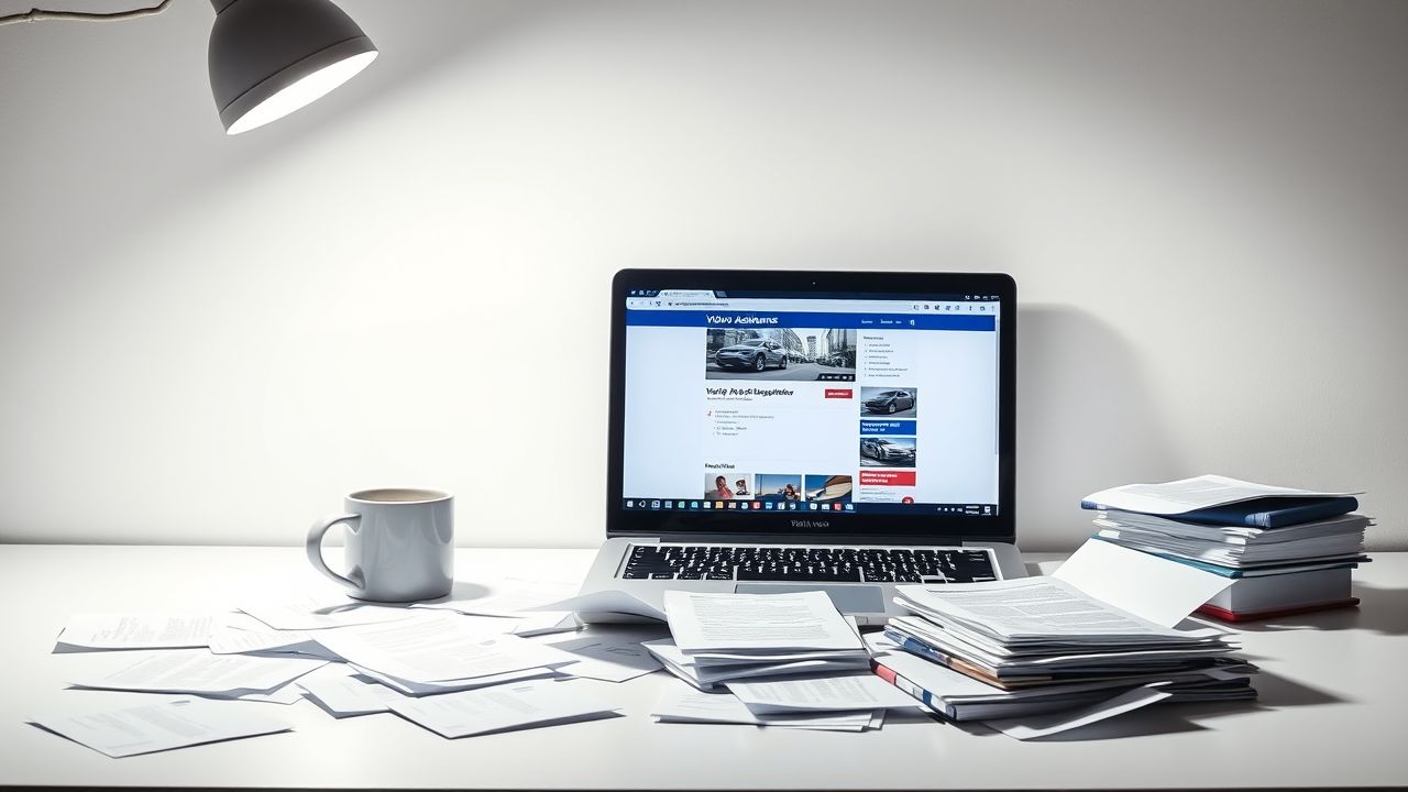 Een rommelig bureau met geopende laptop en verspreide papieren.