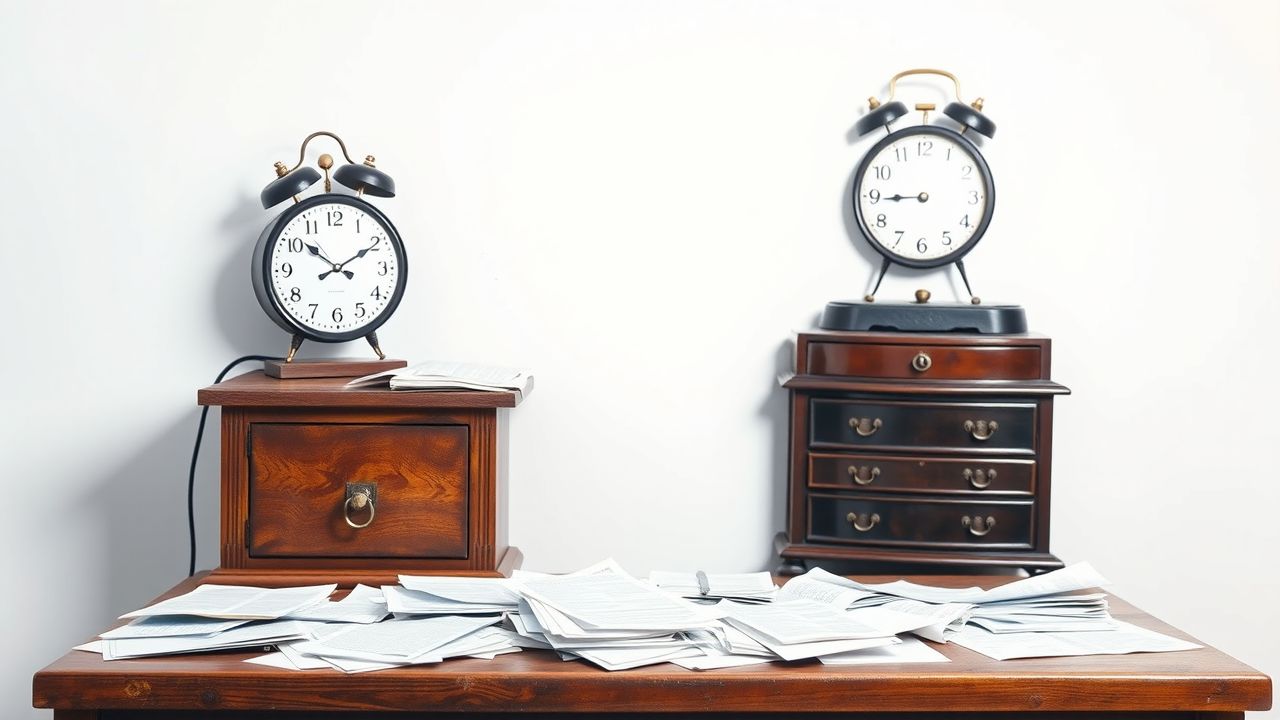 Een rommelig bureau met papierwerk en een ouderwetse klok.