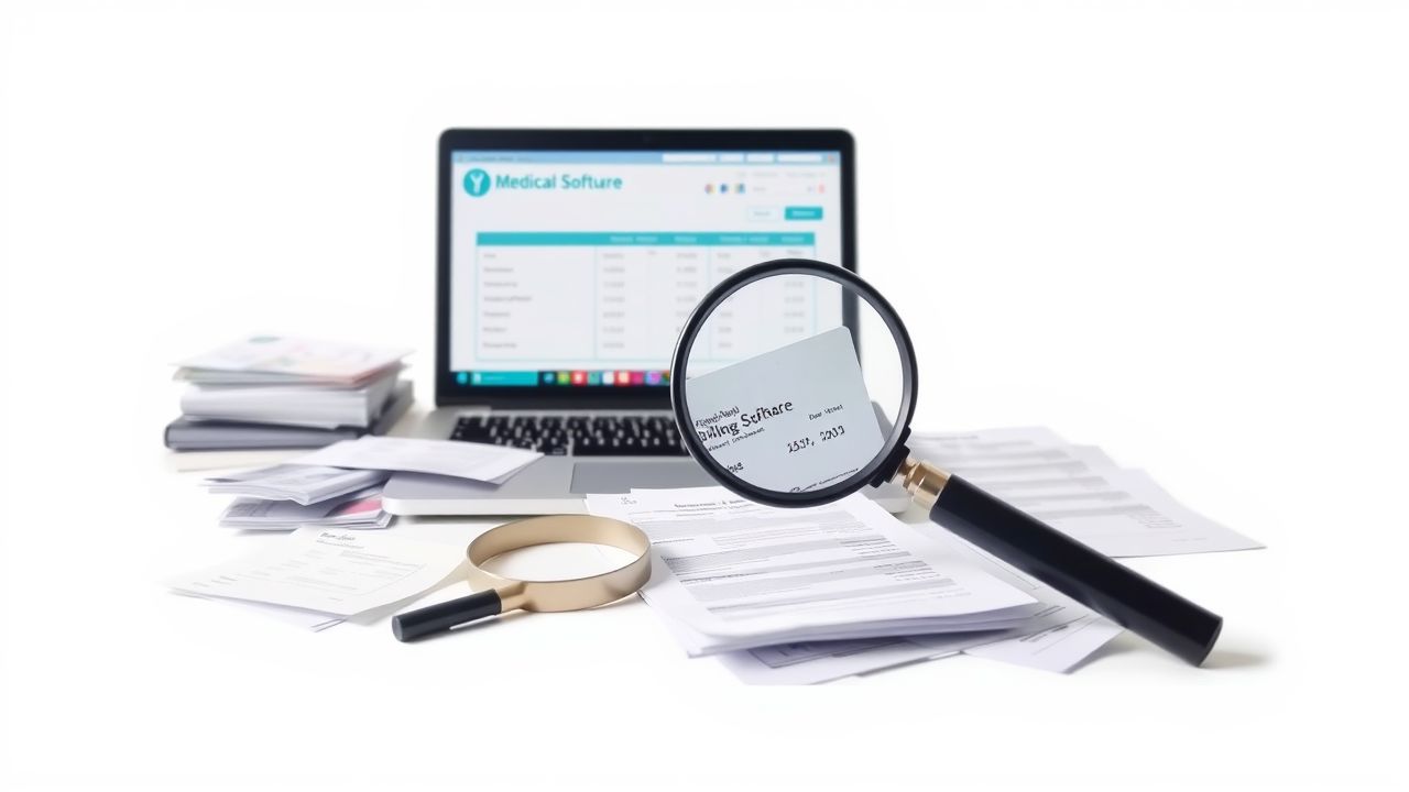 Een rommelig bureau met medische rekeningen en laptop facturering software.