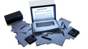 Een rommelig kantoorbureau met open laptop en papieren.