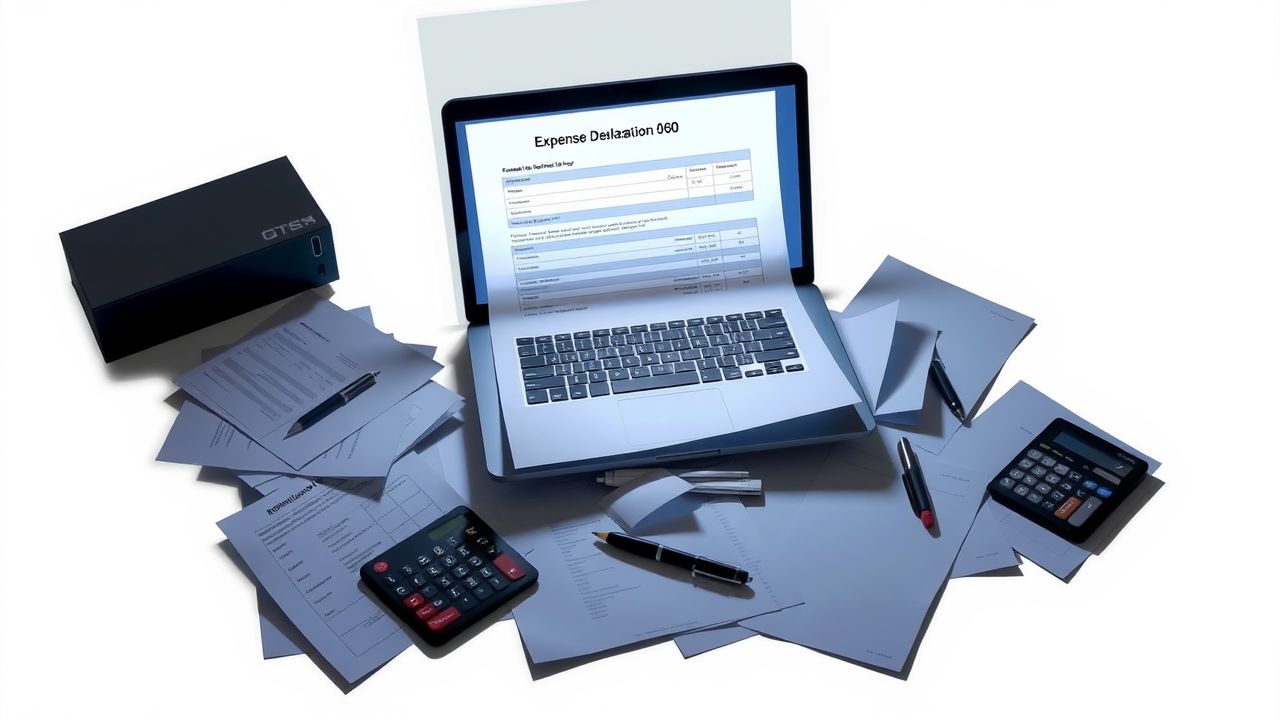 Een rommelig kantoorbureau met open laptop en papieren.