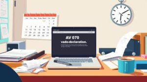 Een rommelig kantoorbureau met een open laptop en koffiekopje.