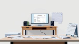 Een leeg dokterskantoor met medische documenten en een computer.