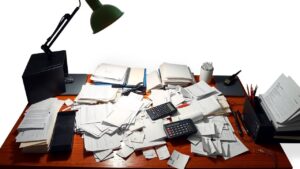 Een rommelig bureau met papieren, rekenmachine en wanorde.