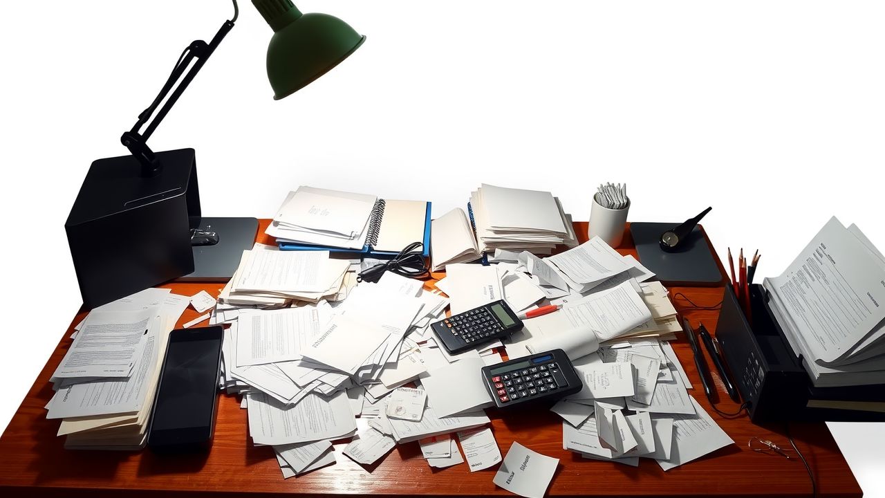 Een rommelig bureau met papieren, rekenmachine en wanorde.